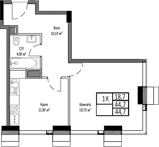 Планировка — Мираполис, 1-комн., 45 м²
