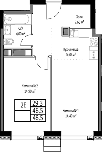 Планировка — Мираполис, 2-комн., 47 м²