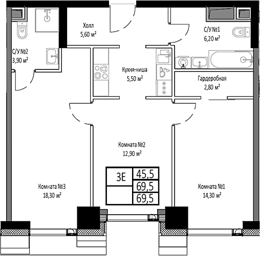 Планировка — Мираполис, 3-комн., 70 м²