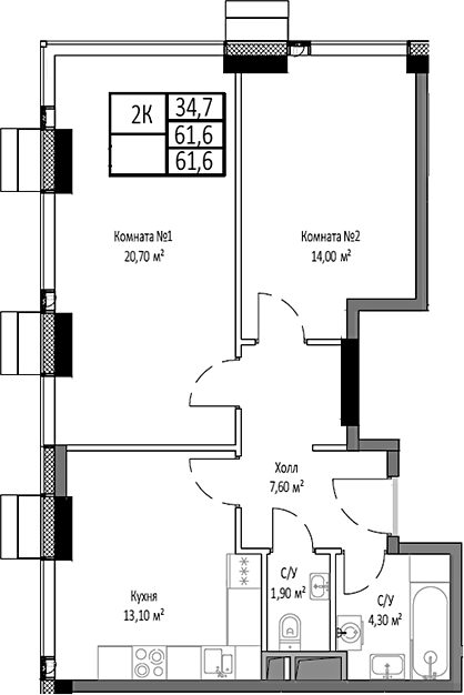 Планировка — Мираполис, 2-комн., 62 м²