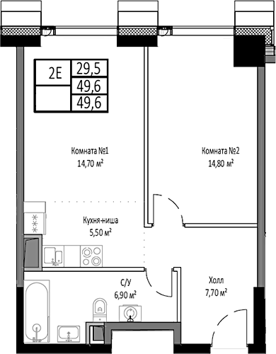 Планировка — Мираполис, 2-комн., 50 м²