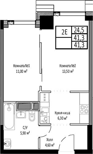 Планировка — Мираполис, 2-комн., 41 м²