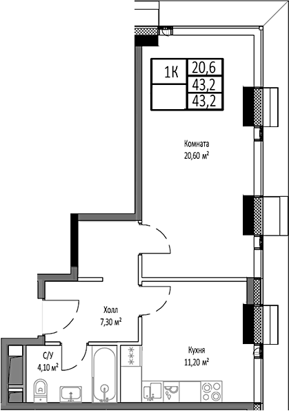 Планировка — Мираполис, 1-комн., 43 м²