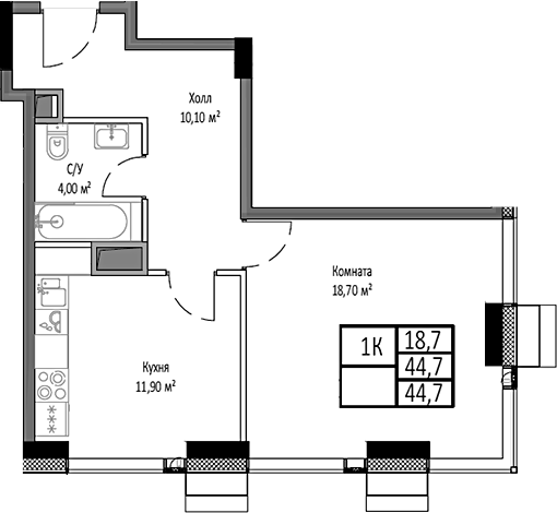Планировка — Мираполис, 1-комн., 45 м²