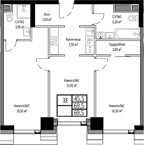 Планировка — Мираполис, 3-комн., 70 м²