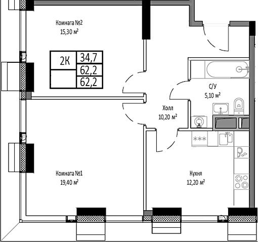 Планировка — Мираполис, 2-комн., 62 м²