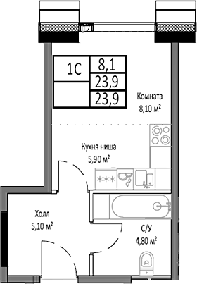 Планировка — Мираполис, Студия, 24 м²