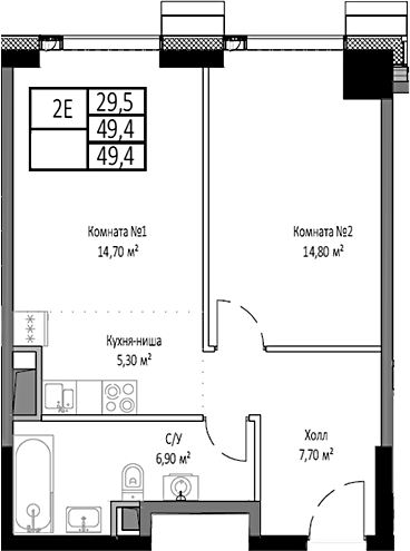Планировка — Мираполис, 2-комн., 49 м²