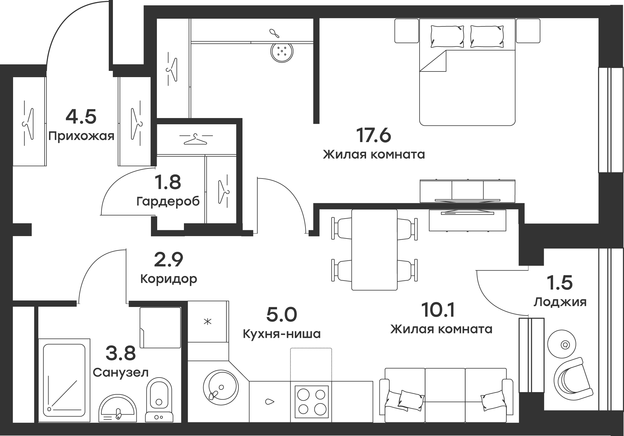 Планировка — Равновесие, 2-комн., 45 м²