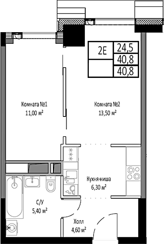 Планировка — Мираполис, 2-комн., 41 м²