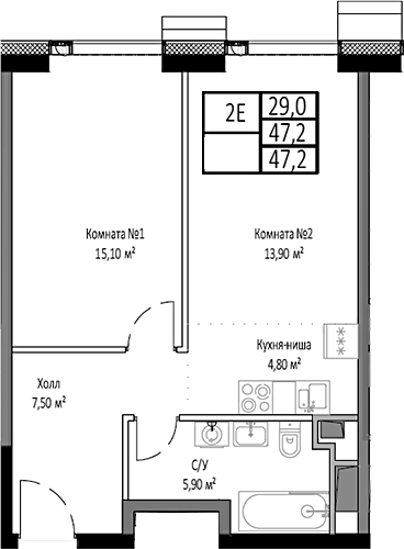 Планировка — Мираполис, 2-комн., 47 м²