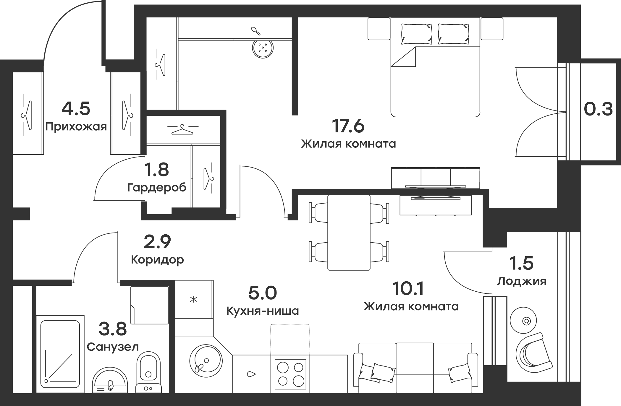 Планировка — Равновесие, 2-комн., 44 м²