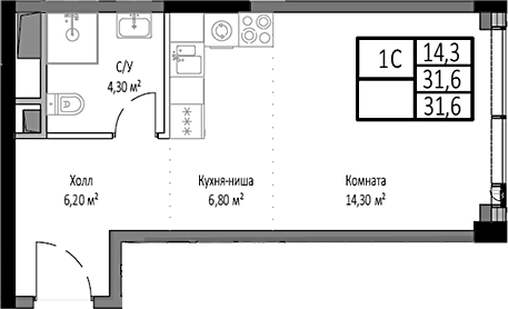 Планировка — Мираполис, Студия, 32 м²