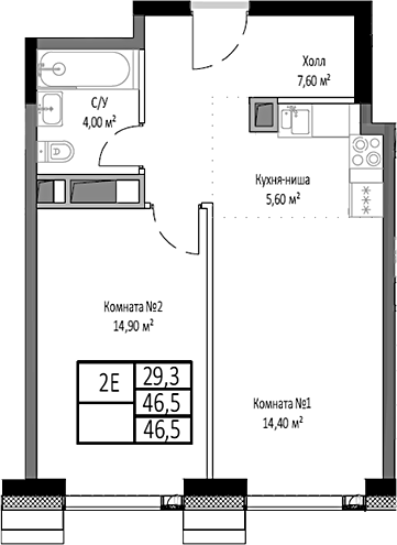 Планировка — Мираполис, 2-комн., 47 м²