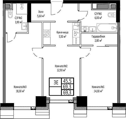 Планировка — Мираполис, 3-комн., 69 м²