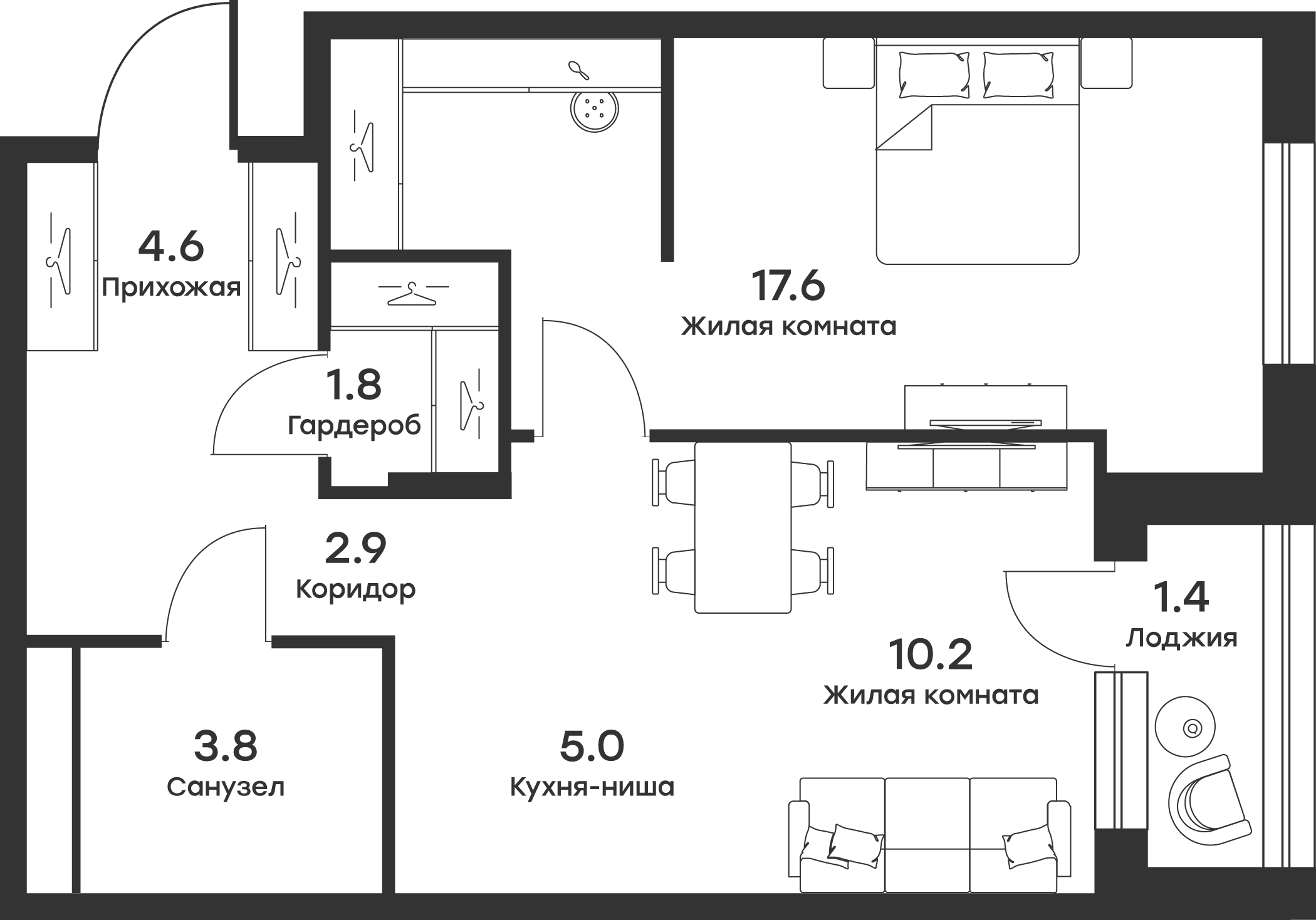 Планировка — Равновесие, 2-комн., 45 м²