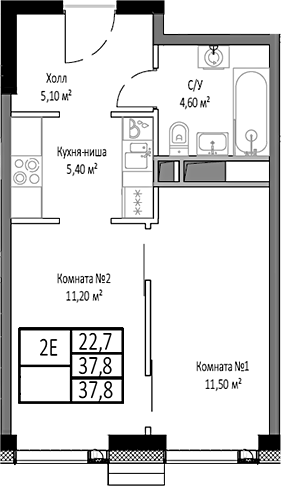 Планировка — Мираполис, 2-комн., 38 м²