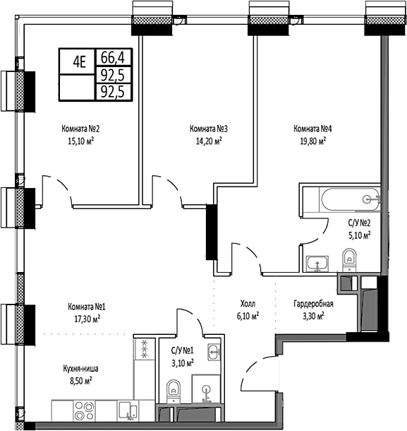 Планировка — Мираполис, 4-комн., 93 м²