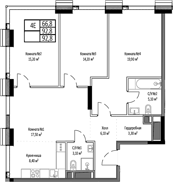 Планировка — Мираполис, 4-комн., 93 м²