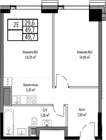 Планировка — Мираполис, 2-комн., 50 м²