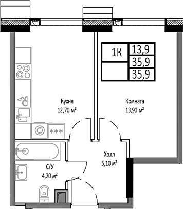 Планировка — Мираполис, 1-комн., 36 м²