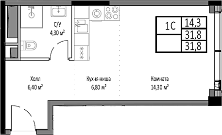 Планировка — Мираполис, Студия, 32 м²