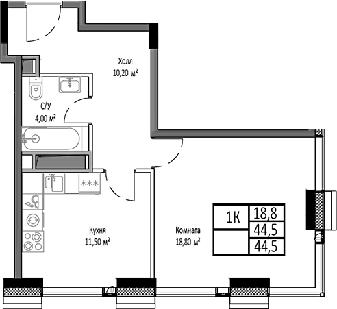 Планировка — Мираполис, 1-комн., 45 м²