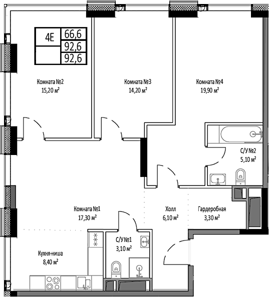 Планировка — Мираполис, 4-комн., 93 м²