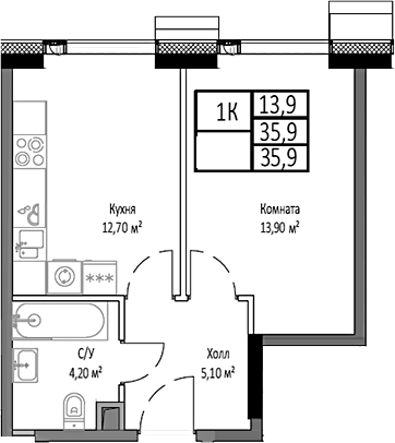 Планировка — Мираполис, 1-комн., 36 м²