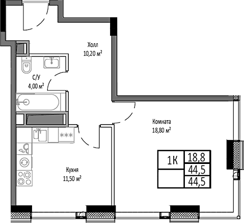 Планировка — Мираполис, 1-комн., 45 м²