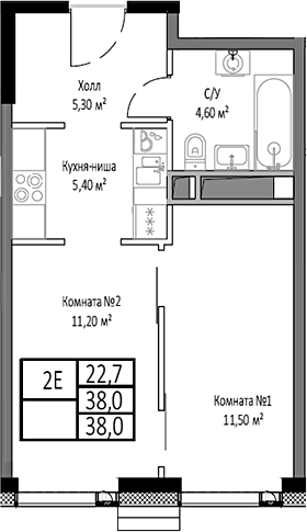 Планировка — Мираполис, 2-комн., 38 м²