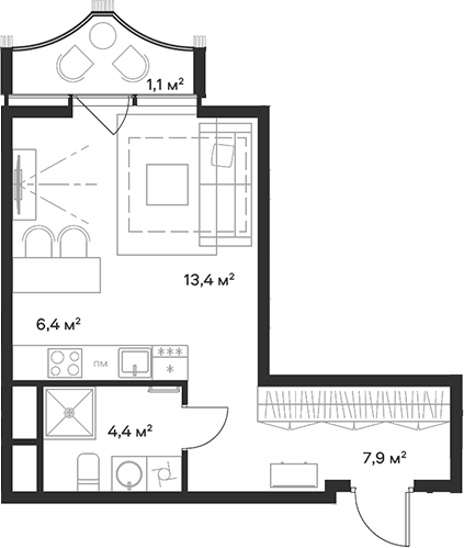 Планировка — Союз, Студия, 32 м²