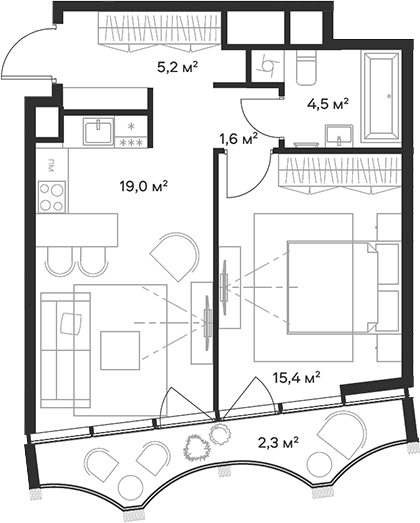 Планировка — Союз, 2-комн., 46 м²