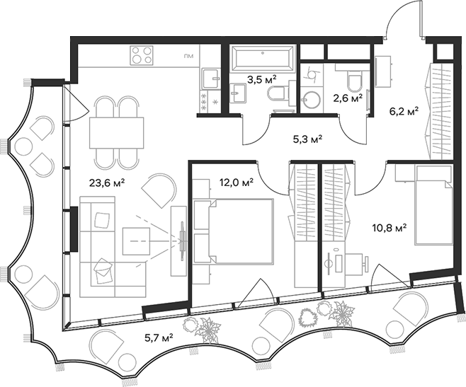 Планировка — Союз, 3-комн., 64 м²