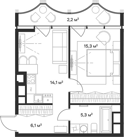 Планировка — Союз, 2-комн., 41 м²