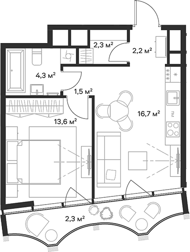 Планировка — Союз, 2-комн., 41 м²