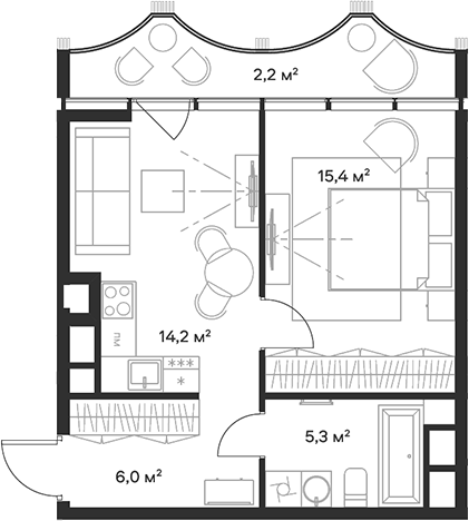 Планировка — Союз, 2-комн., 41 м²
