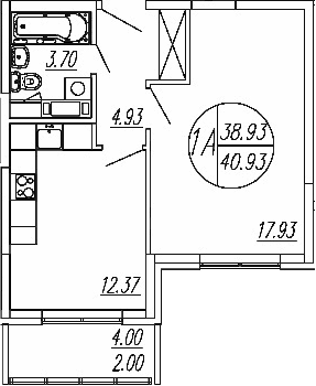 Планировка — Шолохово, 1-комн., 39 м²