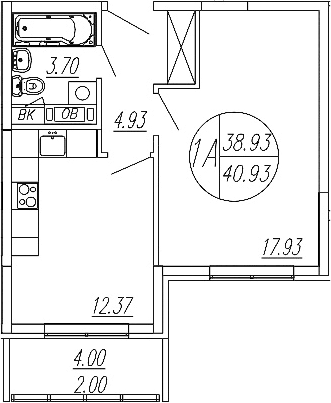 Планировка — Шолохово, 1-комн., 39 м²