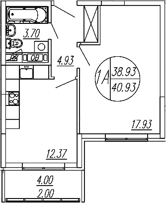 Планировка — Шолохово, 1-комн., 39 м²