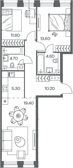 Планировка — INJOY, 3-комн., 69 м²