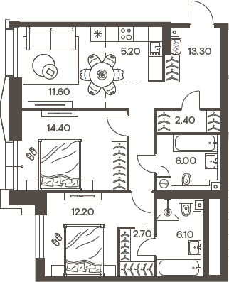Планировка — INJOY, 3-комн., 74 м²