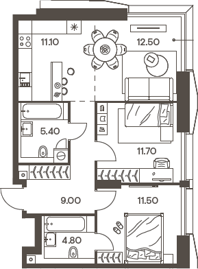 Планировка — INJOY, 3-комн., 66 м²
