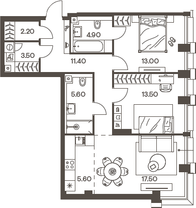 Планировка — INJOY, 3-комн., 77 м²