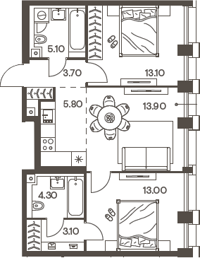 Планировка — INJOY, 3-комн., 62 м²