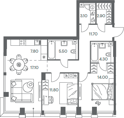 Планировка — INJOY, 3-комн., 78 м²