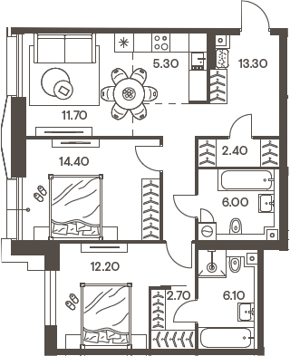 Планировка — INJOY, 3-комн., 74 м²