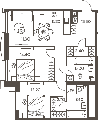 Планировка — INJOY, 3-комн., 74 м²