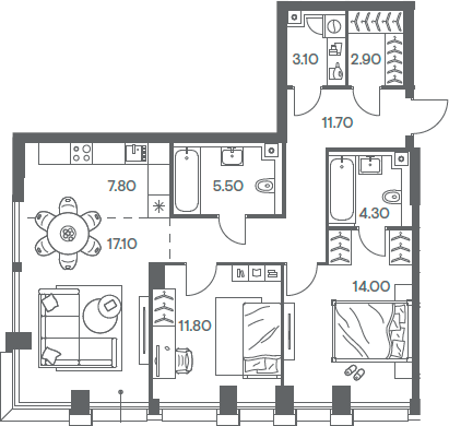 Планировка — INJOY, 3-комн., 78 м²