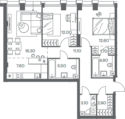 Планировка — INJOY, 3-комн., 77 м²